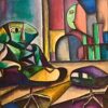 Original large figurative painting for sale, The Silence in the Mirror by Mamta Jharia, featuring a solitary seated woman in a fragmented contemporary interior.