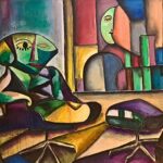 Original large figurative painting for sale, The Silence in the Mirror by Mamta Jharia, featuring a solitary seated woman in a fragmented contemporary interior.