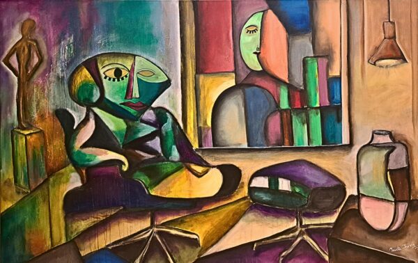 Original large figurative painting for sale, The Silence in the Mirror by Mamta Jharia, featuring a solitary seated woman in a fragmented contemporary interior.