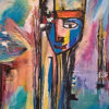 Original memory portrait painting for sale, The Shape of Memory by Mamta Jharia, featuring a stylised female face in blue, pink, cream and ochre.