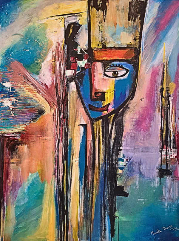 Original memory portrait painting for sale, The Shape of Memory by Mamta Jharia, featuring a stylised female face in blue, pink, cream and ochre.