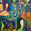 Original reading painting for sale, What the Pages Remember by Mamta Jharia, depicting a reader with an open book, fragmented faces and expressive eyes.