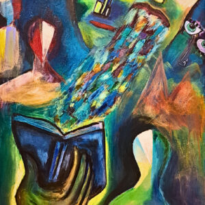 Original reading painting for sale, What the Pages Remember by Mamta Jharia, depicting a reader with an open book, fragmented faces and expressive eyes.