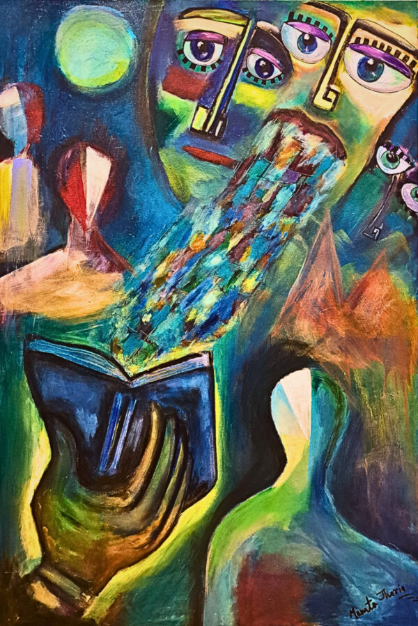 Original reading painting for sale, What the Pages Remember by Mamta Jharia, depicting a reader with an open book, fragmented faces and expressive eyes.