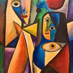 Original symbolic eye painting for sale, The Third Gaze by Mamta Jharia, featuring two geometric figures, repeated eyes and a large central symbolic eye.