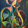 Original woman portrait painting for sale, The Silence She Keeps by Mamta Jharia, featuring a fragmented woman with one eye open and one eye closed.