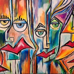 Original cubist portrait painting for sale, Echoes of Identity by Mamta Jharia, featuring fragmented colourful faces and expressive eyes.
