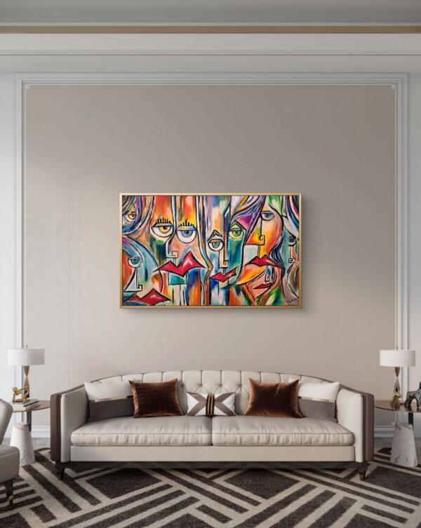 Large contemporary portrait wall art by Mamta Jharia displayed above a luxury dining room console.