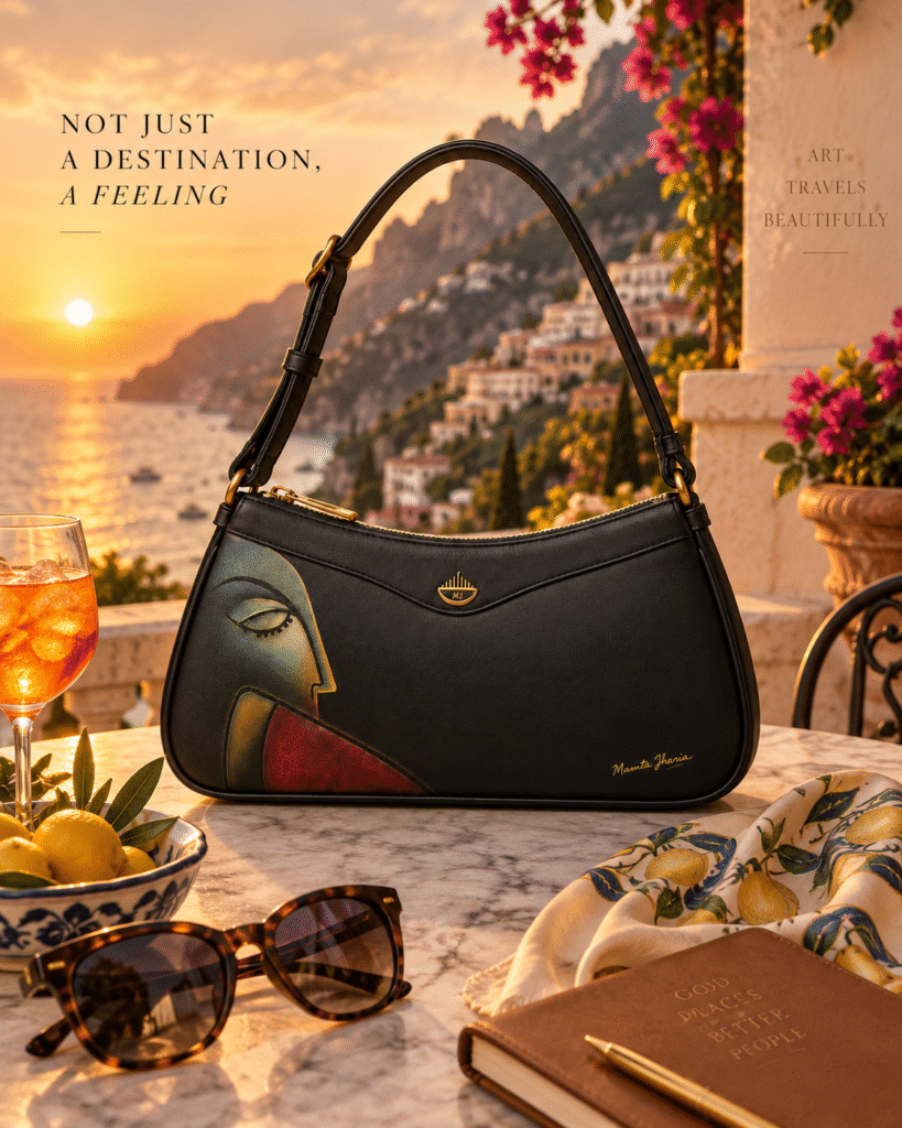 expressive luxury handbags MAMTA JHARIA black artist handbag with expressive portrait artwork and gold-tone hardware.