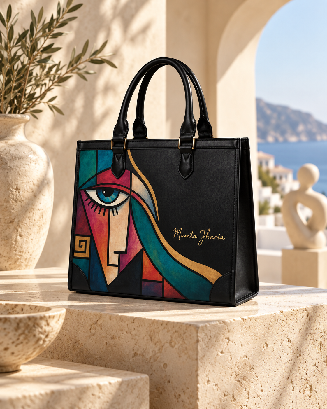Close-up of cubist face artwork framed by black negative space on a handbag.