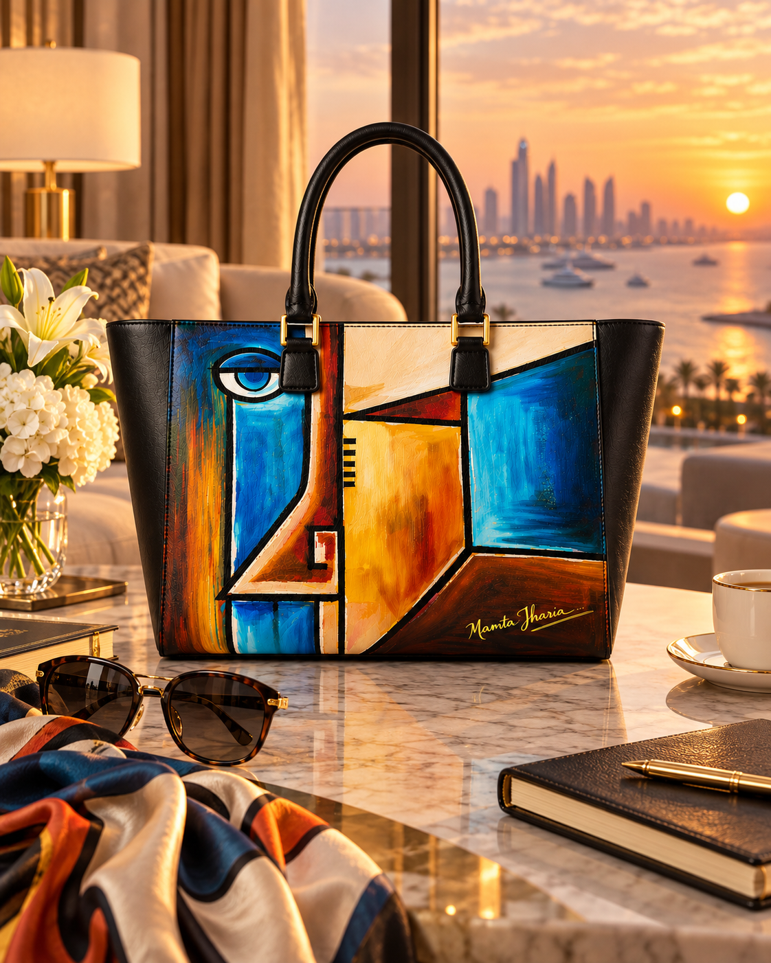 MAMTA JHARIA artist handbag featuring portrait artwork against black negative space.