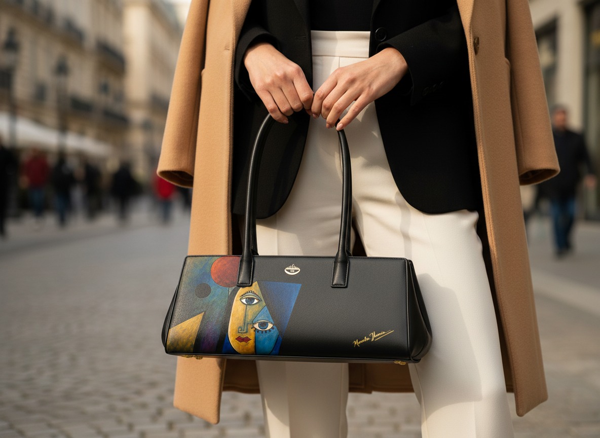 logo free luxury bags Black MAMTA JHARIA artist handbag with portrait artwork and discreet exterior branding.